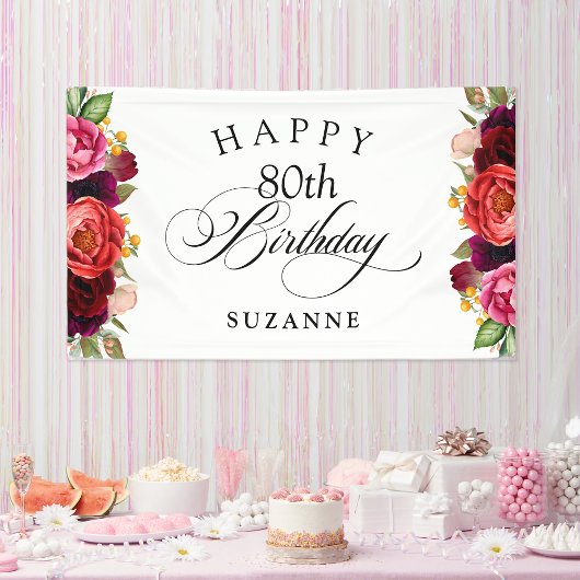 Boho rustieke Waterverf Bloemen 80ste verjaardagsf Spandoek