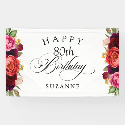 Boho rustieke Waterverf Bloemen 80ste verjaardagsf Spandoek (Horizontaal)