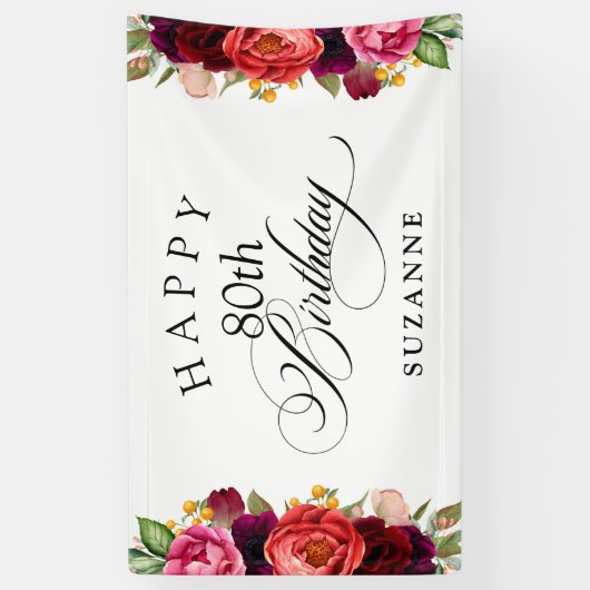 Boho rustieke Waterverf Bloemen 80ste verjaardagsf Spandoek (Verticaal)