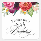 Boho rustieke Waterverf Bloemen 80ste verjaardagsf Vierkante Sticker (Voorkant)