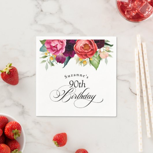 Boho rustieke Waterverf Bloemen 90ste Verjaardagsf Servet (Insitu)