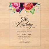 Boho rustieke Waterverf Floral 50ste verjaardagsfe Acryl Uitnodigingen (Voorkant)