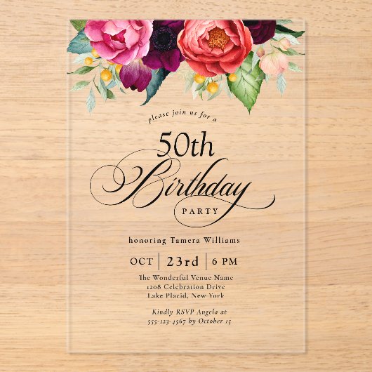 Boho rustieke Waterverf Floral 50ste verjaardagsfe Acryl Uitnodigingen (Voorkant)