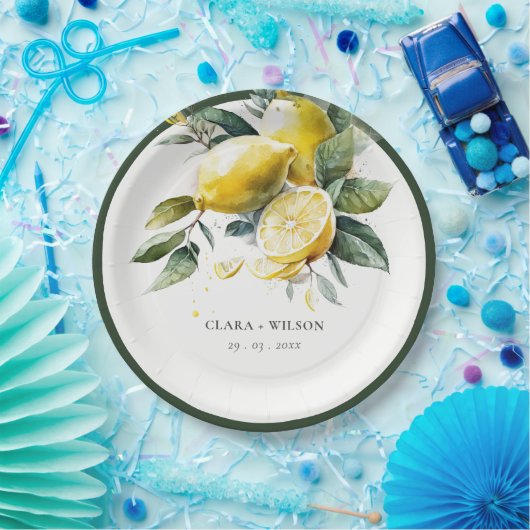 Boho rustieke Waterverf geel citroen tuin bruiloft Papieren Bordje (Feest)