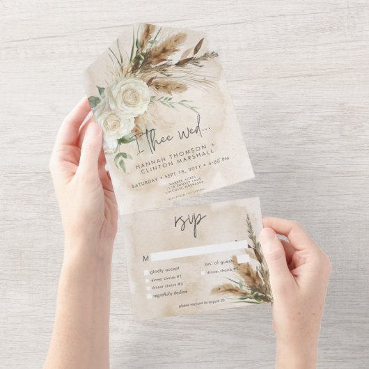 Boho rustieke witte rozen & pampas bruiloft diner all in one uitnodiging (Afscheurbaar)