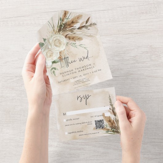 Boho rustieke witte rozen & pampas bruiloft QR-cod All In One Uitnodiging (Afscheurbaar)