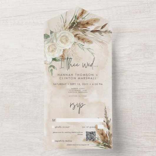 Boho rustieke witte rozen & pampas bruiloft QR-cod All In One Uitnodiging (Binnen)