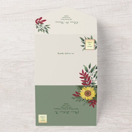 Boho rustieke zonnebloem bruiloft all in one uitnodiging (Buitenkant)