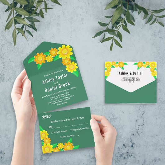 Boho rustieke zonnebloem groene lente bloemenbruil all in one uitnodiging