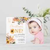 Boho rustige oranje zonnebloemen foto 1e verjaarda kaart (Staand voorkant)