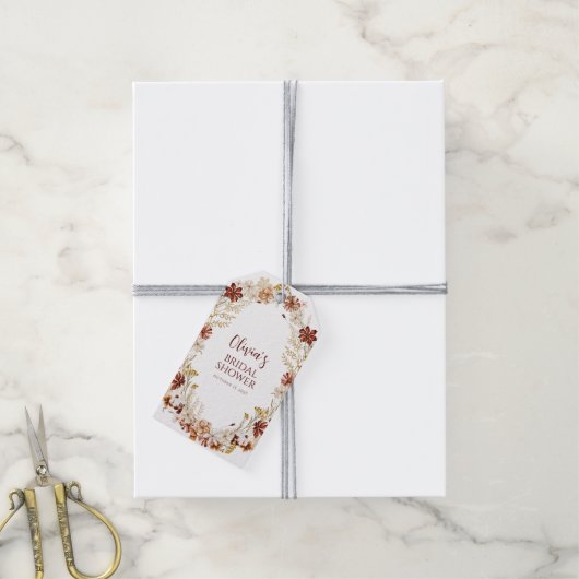 Boho Rustisch Bloemendesign Burgundy Bruiloftsfees Cadeaulabel (Met Touw)