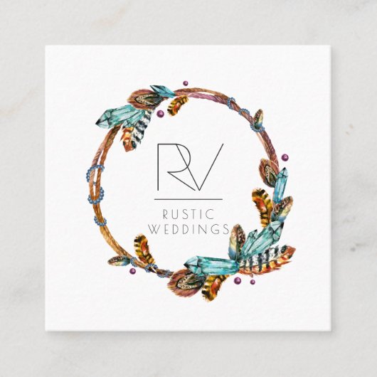Boho Rustische Veerkrans Monogram Vierkante Visitekaartje (Voorkant)