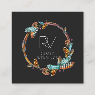 Boho Rustische Veerkrans Monogram Vierkante Visitekaartje