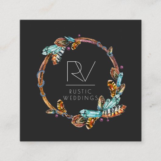 Boho Rustische Veerkrans Monogram Vierkante Visitekaartje (Voorkant)