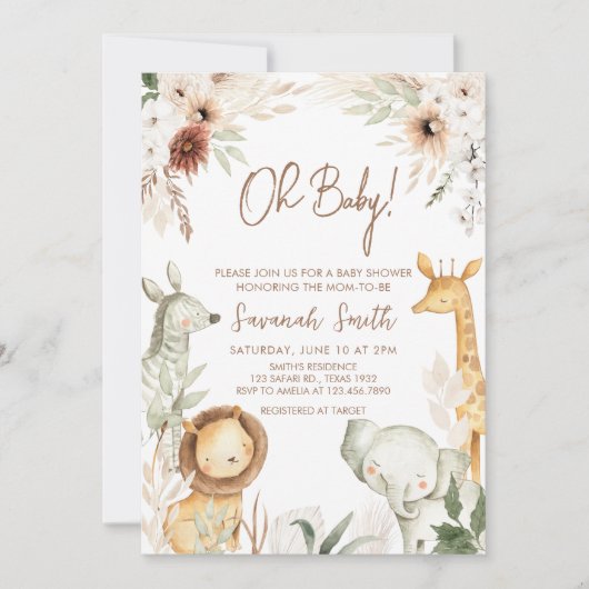 Boho Safari Dieren Baby shower Kaart (Voorkant)