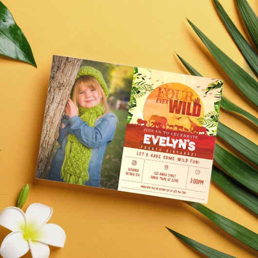 Boho Safari Dieren Vier Ooit Wilde Foto Verjaardag Kaart