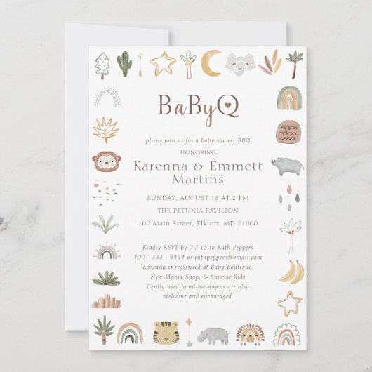 Boho Safari Waterverf Baby-Q BBQ Baby shower Kaart (Voorkant)