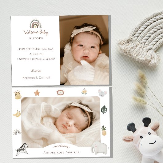 Boho Safari Waterverf Twee Foto Geboorte Aankondiging