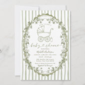 Boho Sage Baby Carriage Stripes Bow Baby shower Kaart (Voorkant)