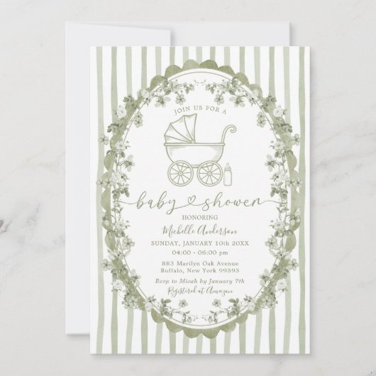 Boho Sage Baby Carriage Stripes Bow Baby shower Kaart (Voorkant)
