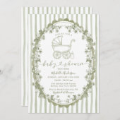 Boho Sage Baby Carriage Stripes Bow Baby shower Kaart (Voorkant / Achterkant)