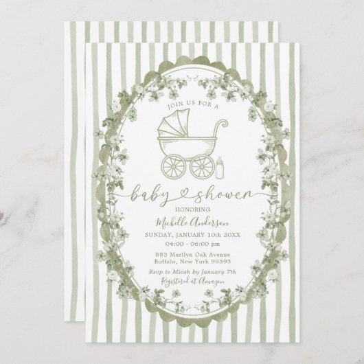 Boho Sage Baby Carriage Stripes Bow Baby shower Kaart (Voorkant / Achterkant)