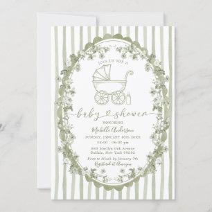 Boho Sage Baby Carriage Stripes Bow Baby shower Kaart