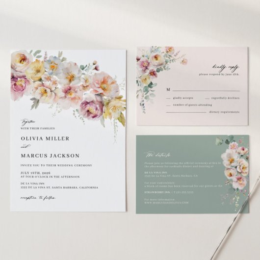 Boho Sage Blush Roze Bloemen Bruiloft Uitnodiging