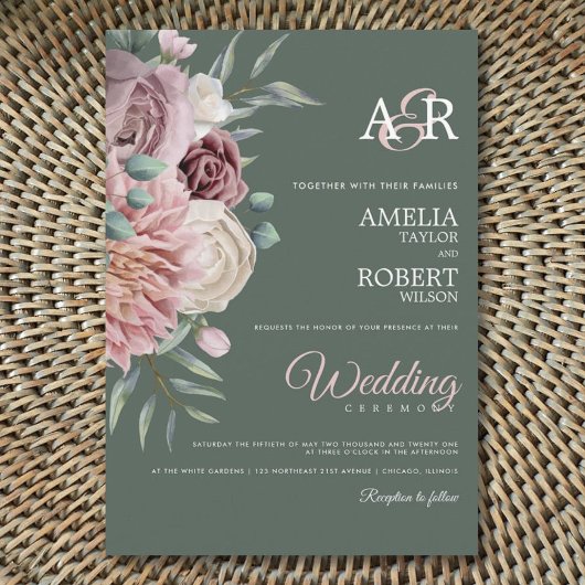 Boho Sage Dusty Roos Waterverf Floral Wedding Kaart