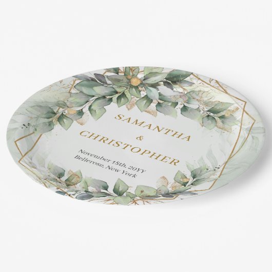 Boho sage eucalyptus laat gouden glitter bruiloft  papieren bordje (Gekanteld)