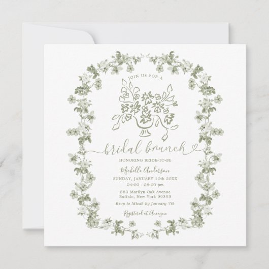 Boho Sage Floral Stripes Bow Bruids Brunch Kaart (Voorkant)