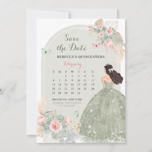 Boho Sage Green 15 Años Sla de datum kalender op Kaart (Voorkant)