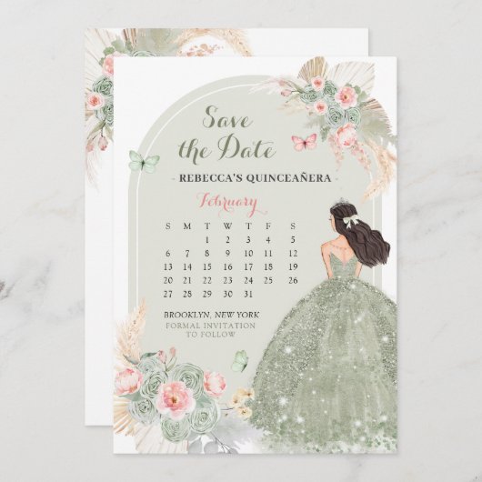 Boho Sage Green 15 Años Sla de datum kalender op Kaart (Voorkant / Achterkant)