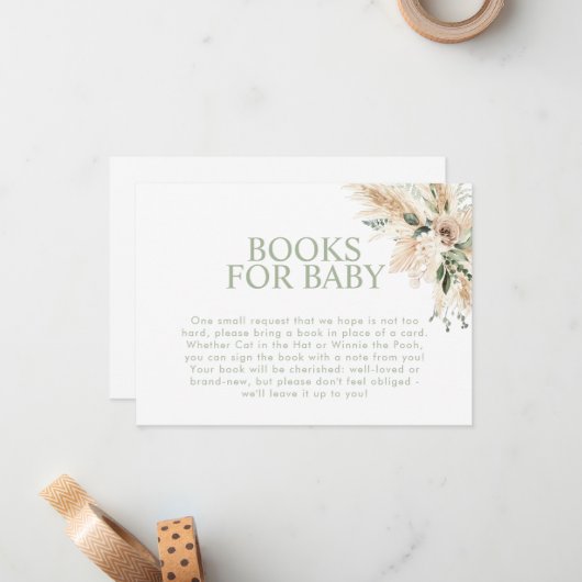 Boho Sage Green Baby shower Book Request Notitiekaartje (Voorkant / Achterkant in situ)