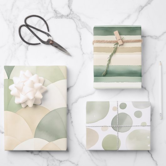 Boho Sage Green Beige Waterverf Abstract Inpakpapier Vel (Voorkant)