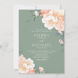 Boho Sage Green Blush Peach Cream Floral Wedding Kaart