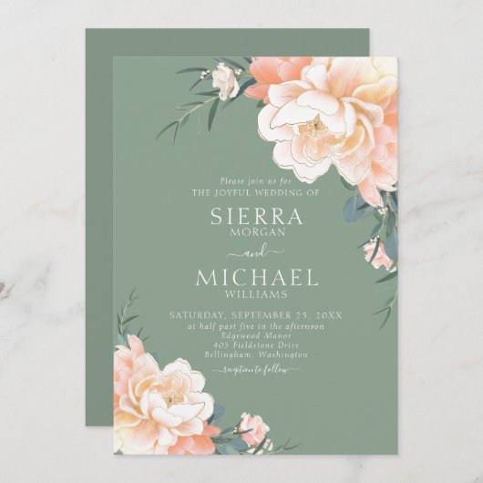 Boho Sage Green Blush Peach Cream Floral Wedding Kaart (Voorkant / Achterkant)