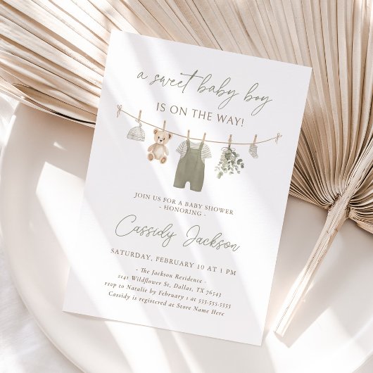 Boho Sage Green Boy Babykleding Baby shower Kaart