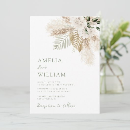 boho sage green en pampas gras bruiloft kaart (Staand voorkant)