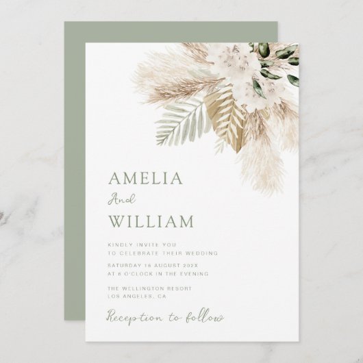 boho sage green en pampas gras bruiloft kaart (Voorkant / Achterkant)