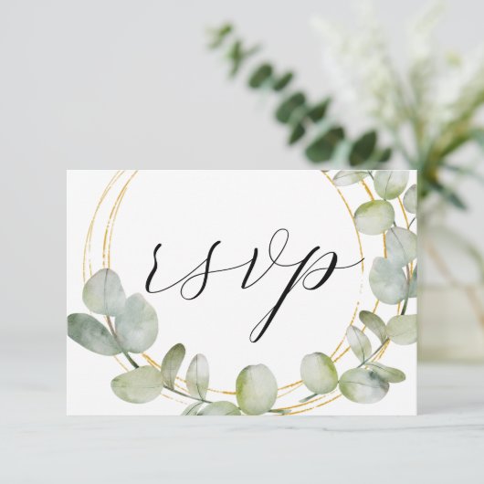 Boho Sage Green Eucalyptus & Gold Wedding RSVP (Staand voorkant)