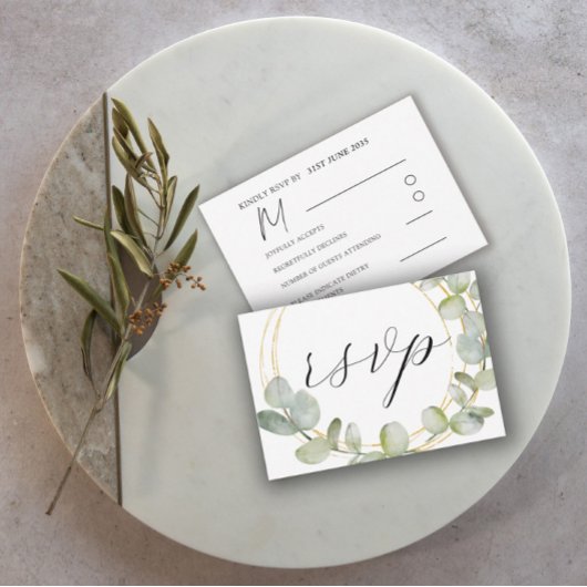 Boho Sage Green Eucalyptus & Gold Wedding RSVP Kaartje