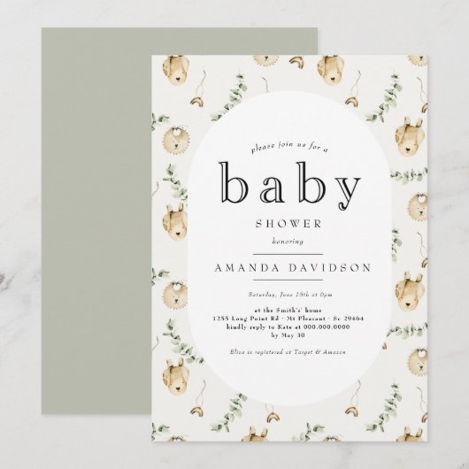 Boho Sage Green Eucalyptus Rainbow Baby shower Kaart (Voorkant / Achterkant)