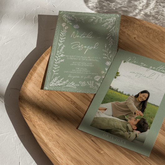 Boho Sage Green Floral Botanical Photo Wedding Kaart