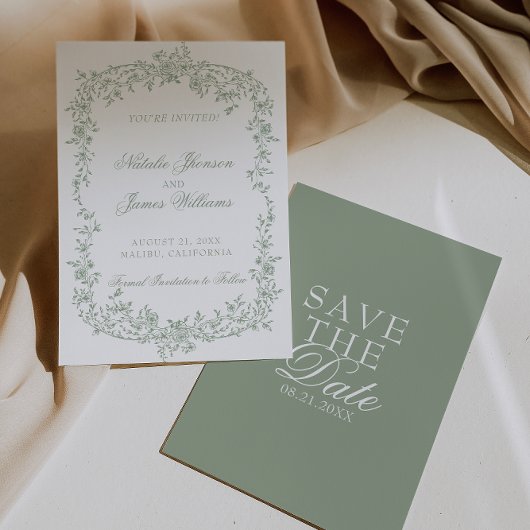 Boho Sage Green Floral Botanical Wedding Save The  Date