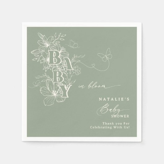 Boho Sage Green Floral Butterflies Baby in Bloei Servet (Voorkant)