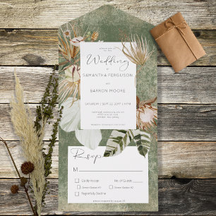 Boho Sage Green Floral Grass Dinner All In One Uitnodiging
