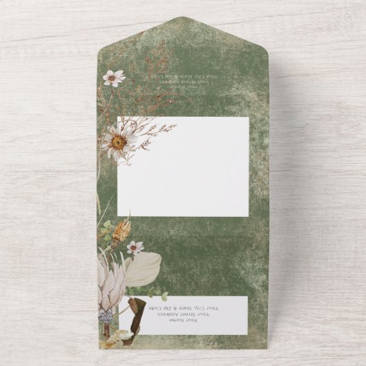 Boho Sage Green Floral Grass Dinner All In One Uitnodiging (Buitenkant)