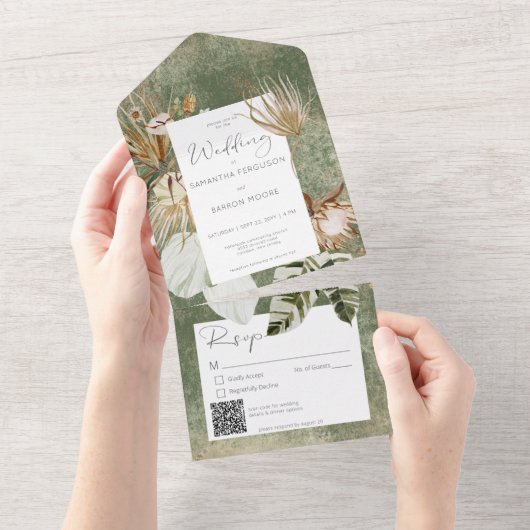 Boho Sage Green Floral Grass QR Code All In One Uitnodiging (Afscheurbaar)