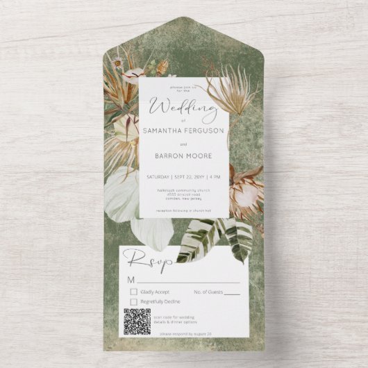 Boho Sage Green Floral Grass QR Code All In One Uitnodiging (Binnen)